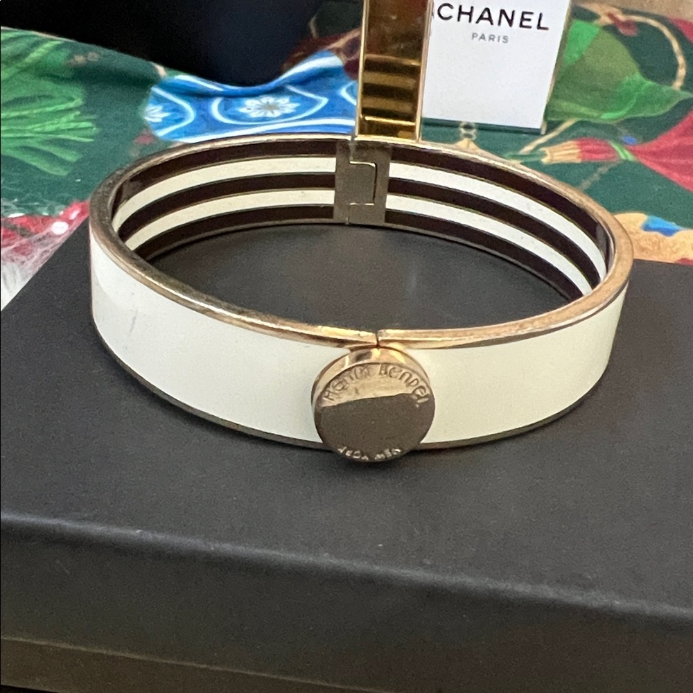 Henri Bendel Cream Enamel Bangle with Gold-Tone Logo Disc